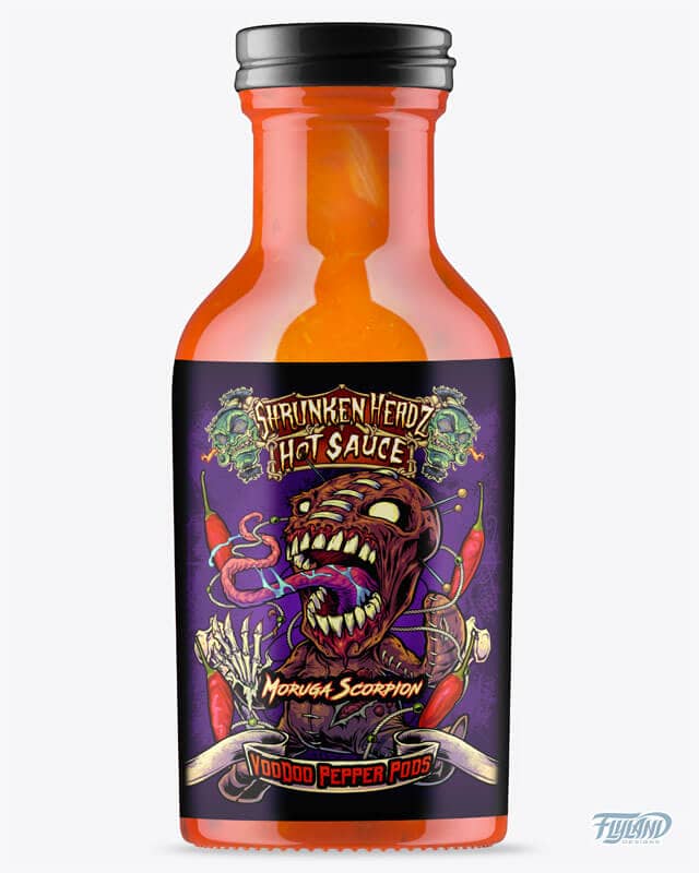 Shrunken Headz Hot Sauce label design featuring a voodoo doll surrounded by hot peppers, drawn by artist Brian Allen