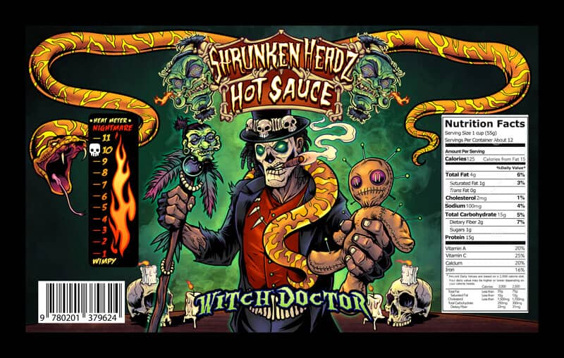 Shrunken Headz Hot Sauce label design featuring a voodoo man holding a voodoo doll and a staff with a shrunken head, drawn by artist Brian Allen