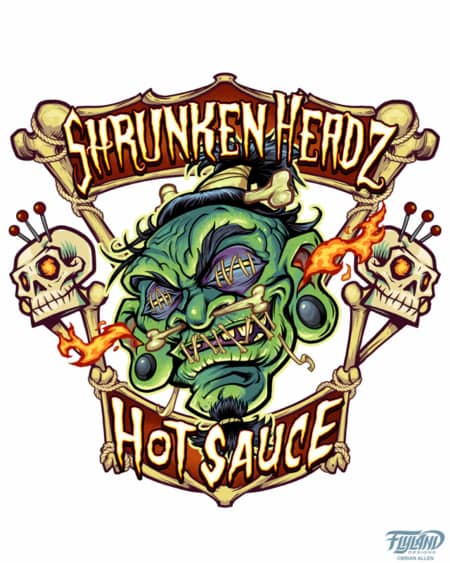 Shrunken Headz Hot Sauce hired me to illustrate the logo for their company, two labels, and even design a 3D plastic topper for all their bottles.