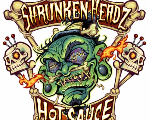 Shrunken Headz Hot Sauce hired me to illustrate the logo for their company, two labels, and even design a 3D plastic topper for all their bottles.