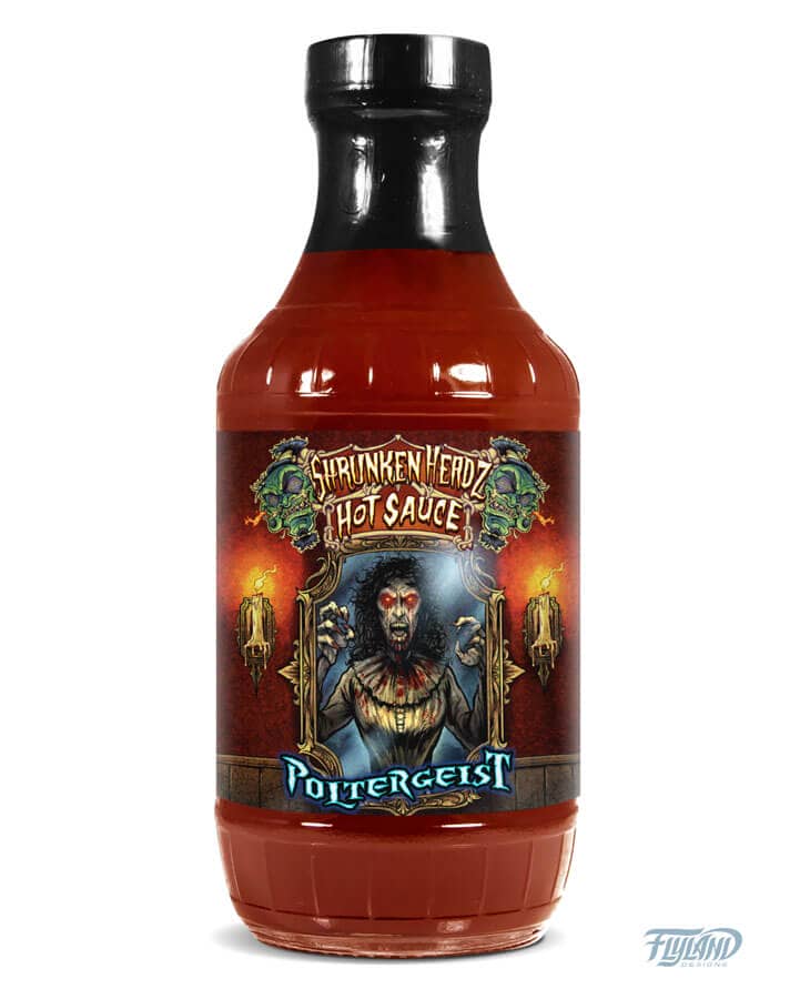 Shrunken Head Hot Sauce bottle design featuring a poltergeist, drawn by artist Brian Allen