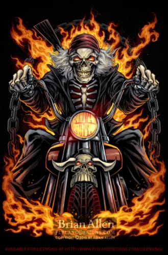 Skeleton riding through flames on a motorcycle