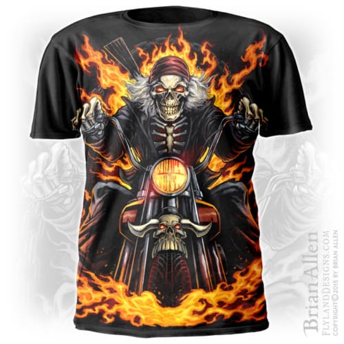 Skeleton riding through flames on a motorcycle