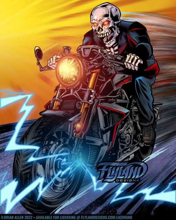 Skeleton Riding a Motorcycle Fas