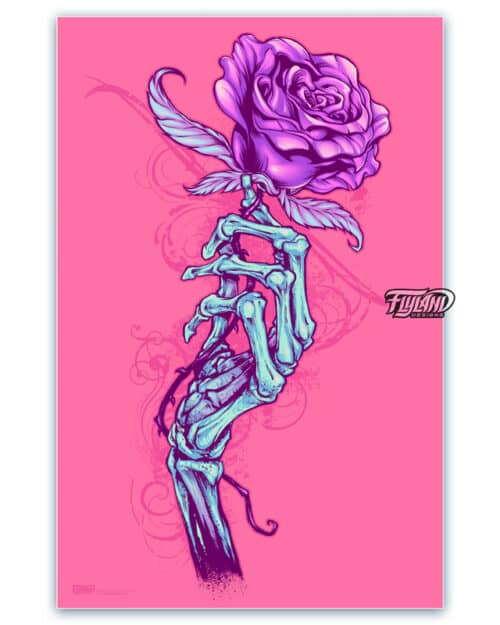 Full color illustration of a skeleton hand holding a rose.