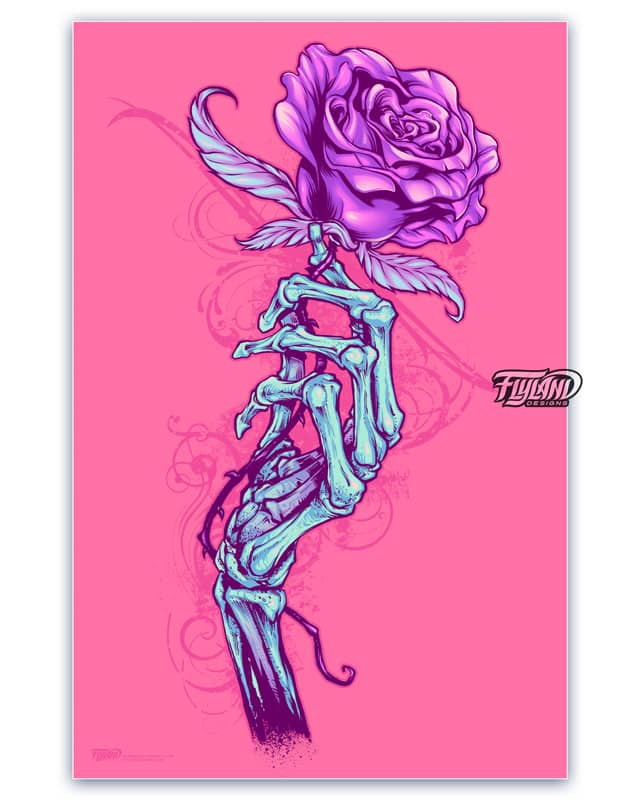 Full color illustration of a skeleton hand holding a rose.