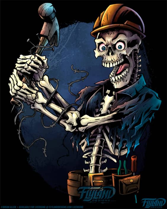 A human skeleton is dressed as a construction worker and is holding a hammer, illustration by Brian Allen