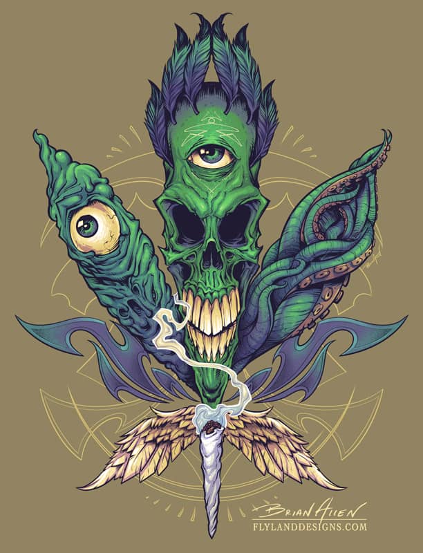 Illustration of skull pot leaf for a marijuana apparel brand