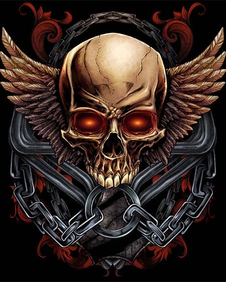 A skull with glowing red eyes and angle wings on either side of it. There are chains in the background of it.
Artwork by Brian Allen, Flyland Designs.