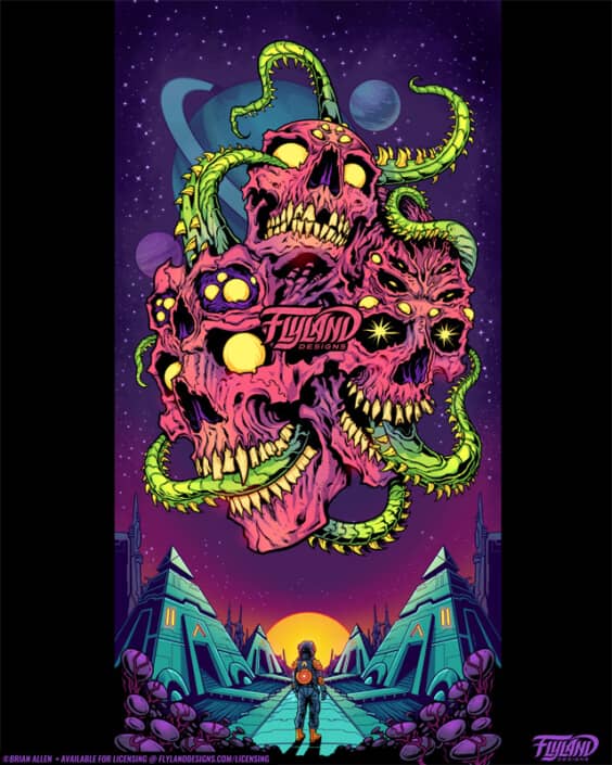 Three pink skulls are infested by green tentacles in space above some pyramids, illustration by Brian Allen