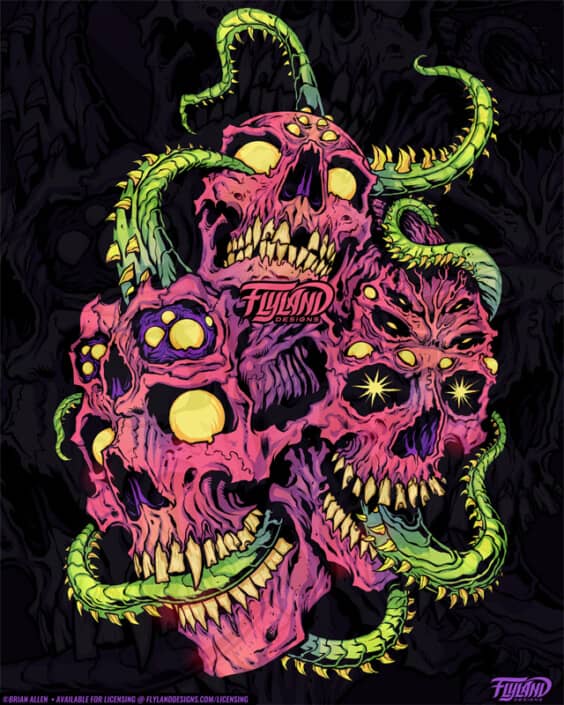 Three pink skulls are infested by green tentacles in space above some pyramids, illustration by Brian Allen