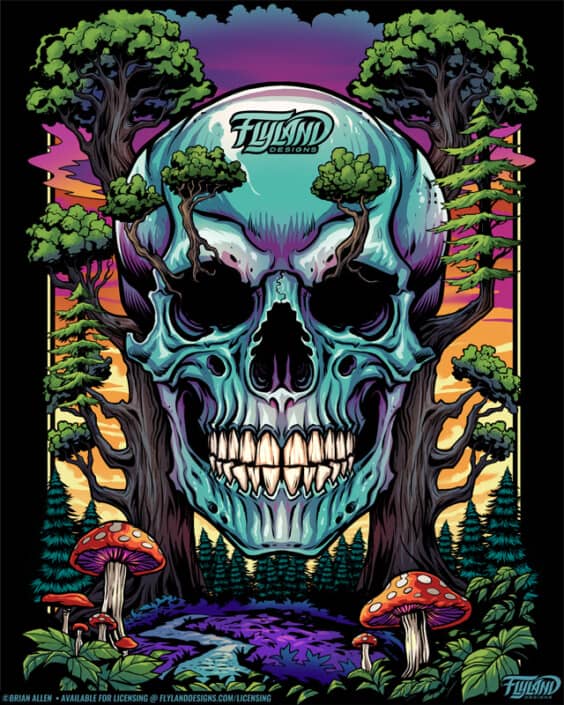 A larg blue skull is nested in between two trees and is surrounded by pines and mushrooms, illustration by Brian Allen