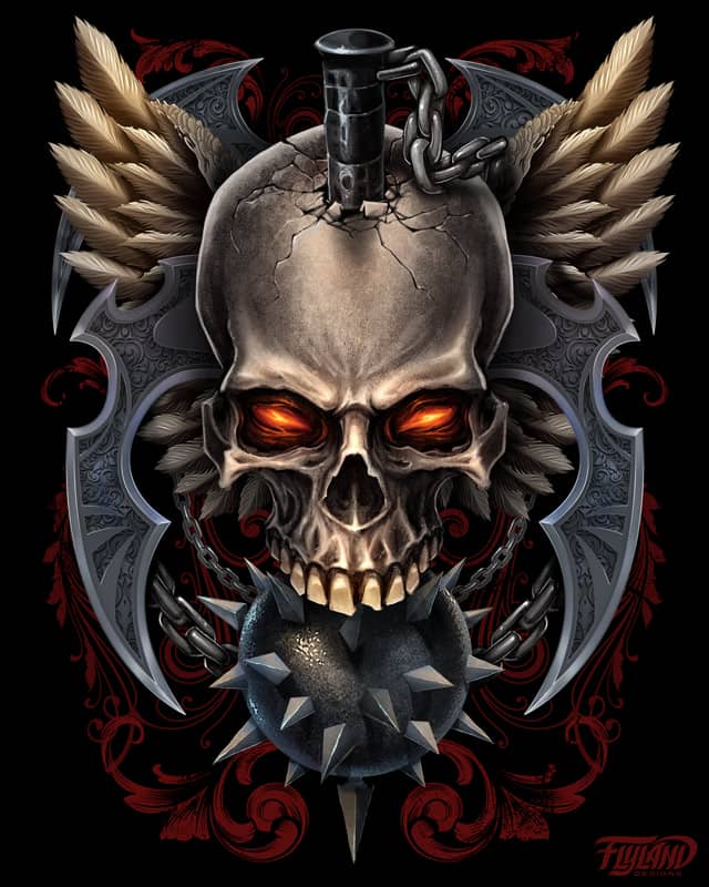 Illustration of an evil skull with wings and barbaric weapons I created for the dark apparel company Spiral Direct. This was inspired by a similar design I had done in the past, but taken in a more realistic rendering direction.  It was a lot of fun explor