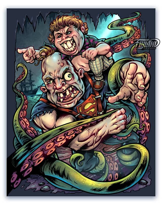 A full color illustration of Sloth and Chunk from the Goonies.