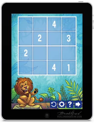 illustration of a cartoon lion in a jungle for a ipad app