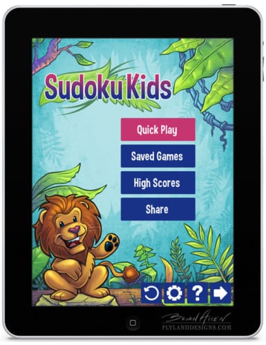 illustration of a cartoon lion in a jungle for a ipad app