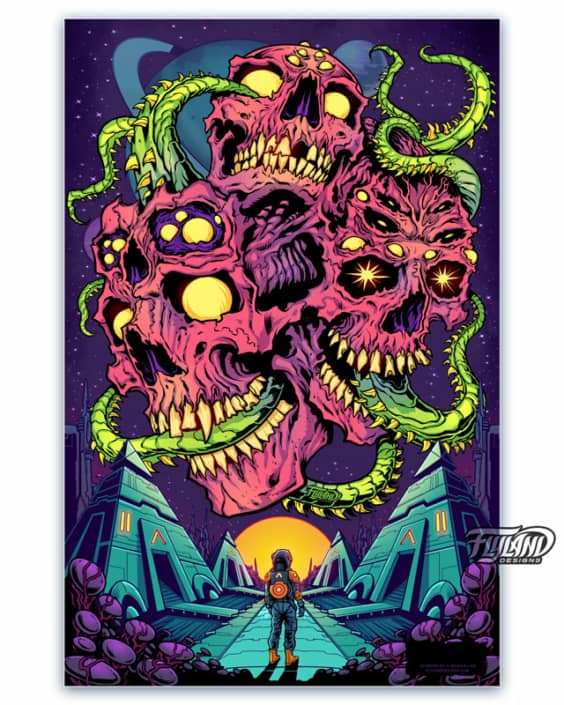 A full color illustration of three trippy looking pink skulls with green tenticals coming out of their mouths.