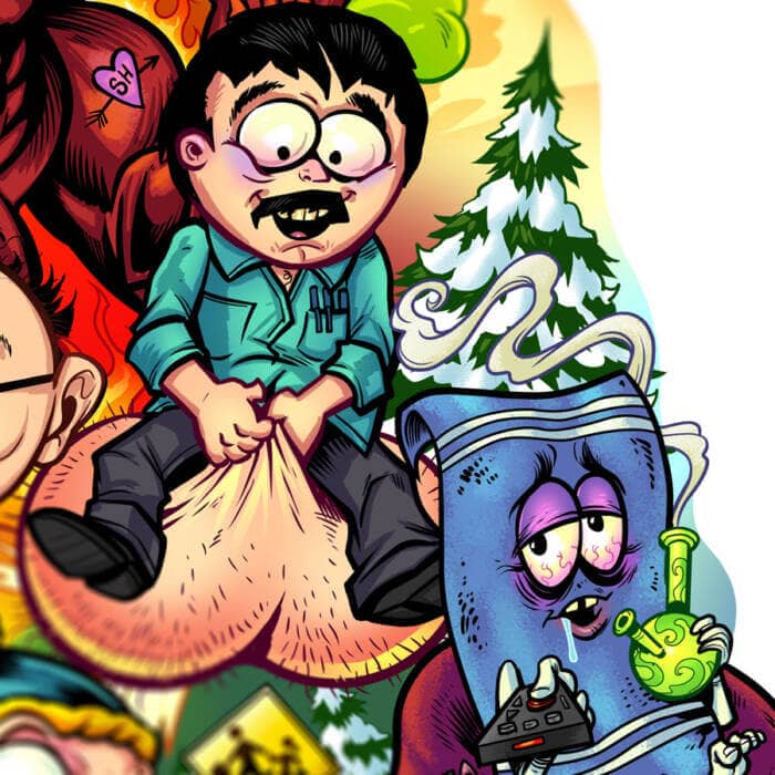 Drawing of the South Park characters in a darker style drawn by Brian Allen including Stan, Cartman, Kenny, Kyle, Chef, Satan, Terrance and Phillip, Randy, Mr. Garrison, Mr. Mackey, and more