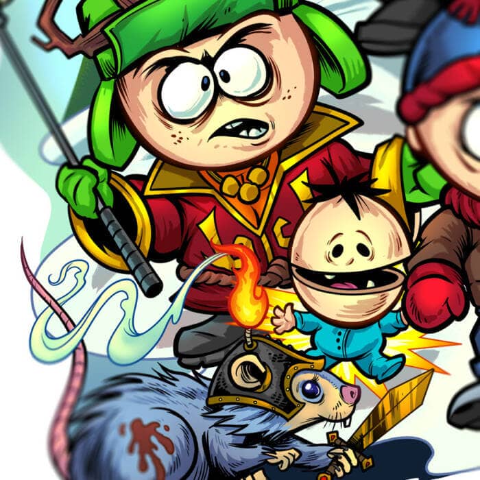 Drawing of the South Park characters in a darker style drawn by Brian Allen including Stan, Cartman, Kenny, Kyle, Chef, Satan, Terrance and Phillip, Randy, Mr. Garrison, Mr. Mackey, and more