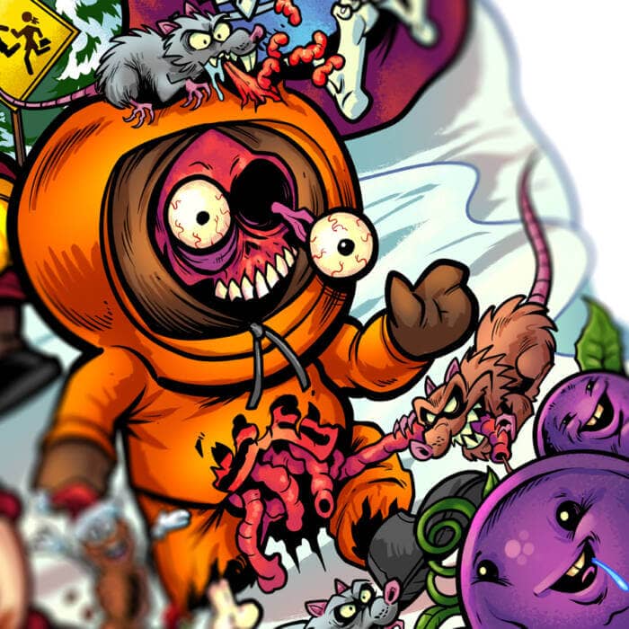 Drawing of the South Park characters in a darker style drawn by Brian Allen including Stan, Cartman, Kenny, Kyle, Chef, Satan, Terrance and Phillip, Randy, Mr. Garrison, Mr. Mackey, and more