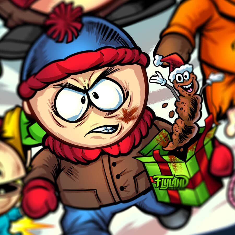 Drawing of the South Park characters in a darker style drawn by Brian Allen including Stan, Cartman, Kenny, Kyle, Chef, Satan, Terrance and Phillip, Randy, Mr. Garrison, Mr. Mackey, and more