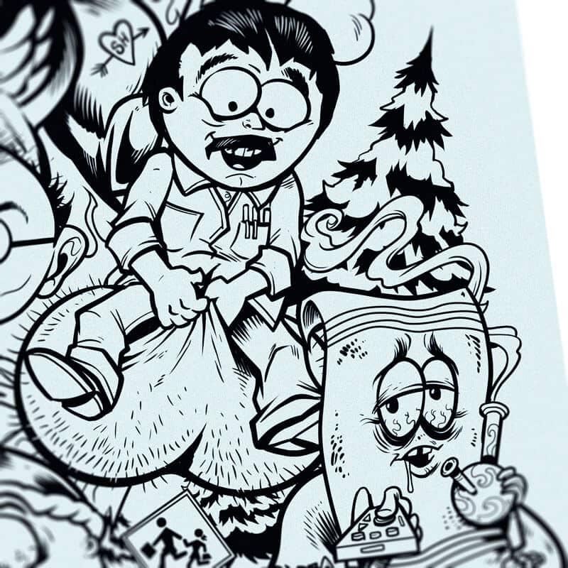 Drawing of the South Park characters in a darker style drawn by Brian Allen including Stan, Cartman, Kenny, Kyle, Chef, Satan, Terrance and Phillip, Randy, Mr. Garrison, Mr. Mackey, and more