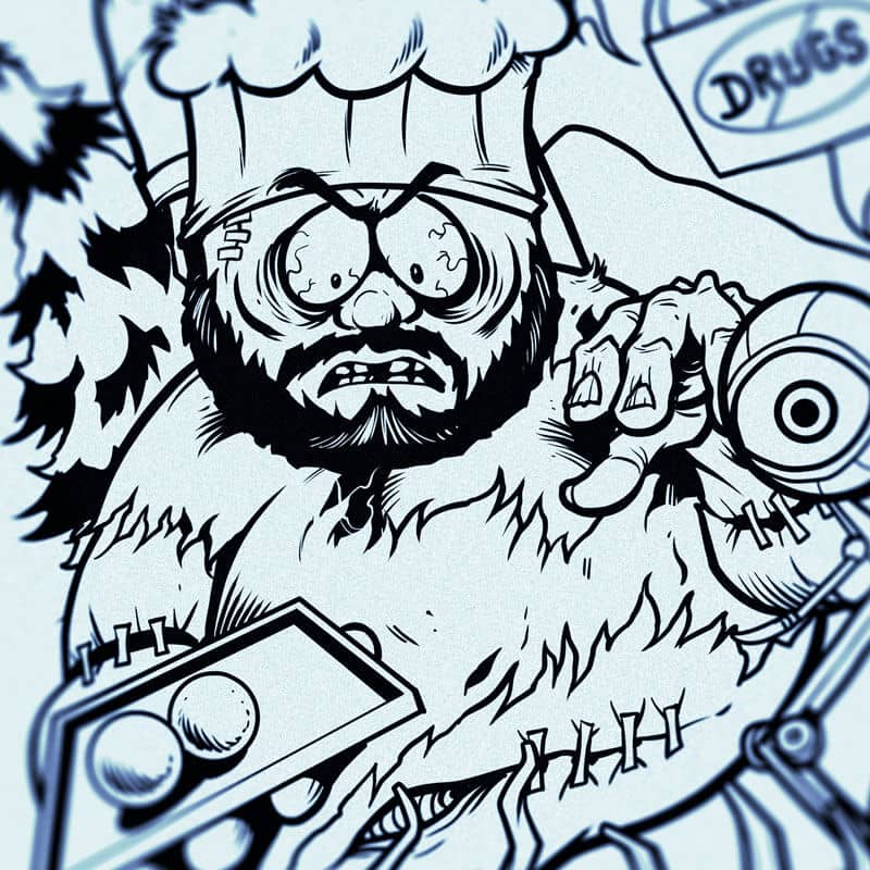 Drawing of the South Park characters in a darker style drawn by Brian Allen including Stan, Cartman, Kenny, Kyle, Chef, Satan, Terrance and Phillip, Randy, Mr. Garrison, Mr. Mackey, and more