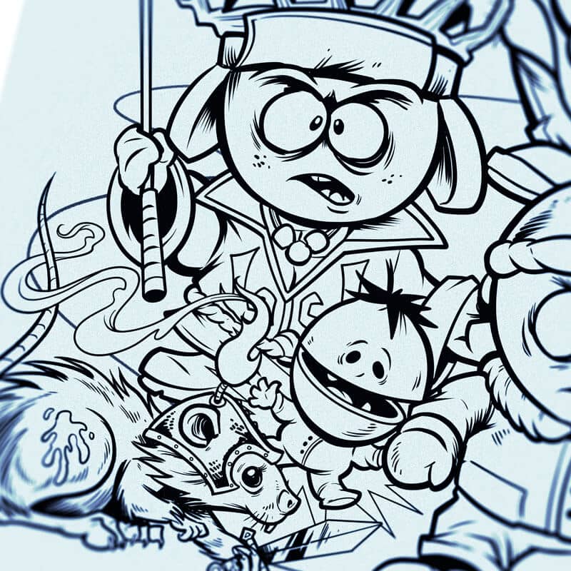 Drawing of the South Park characters in a darker style drawn by Brian Allen including Stan, Cartman, Kenny, Kyle, Chef, Satan, Terrance and Phillip, Randy, Mr. Garrison, Mr. Mackey, and more
