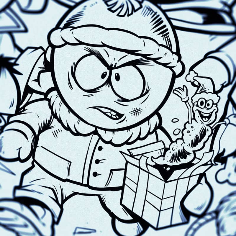 Drawing of the South Park characters in a darker style drawn by Brian Allen including Stan, Cartman, Kenny, Kyle, Chef, Satan, Terrance and Phillip, Randy, Mr. Garrison, Mr. Mackey, and more