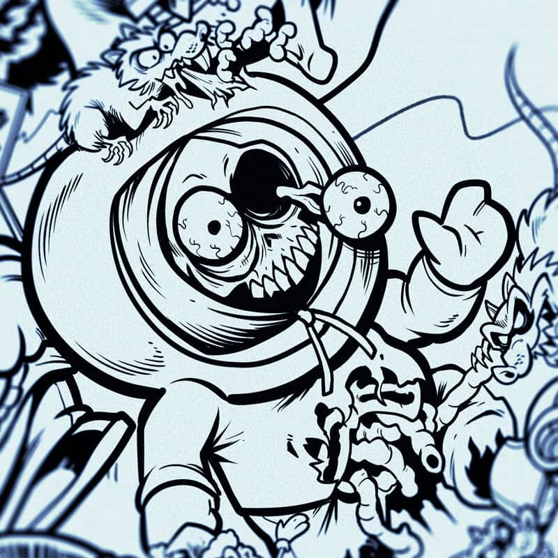Drawing of the South Park characters in a darker style drawn by Brian Allen including Stan, Cartman, Kenny, Kyle, Chef, Satan, Terrance and Phillip, Randy, Mr. Garrison, Mr. Mackey, and more