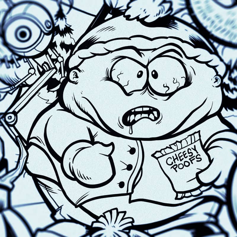 Drawing of the South Park characters in a darker style drawn by Brian Allen including Stan, Cartman, Kenny, Kyle, Chef, Satan, Terrance and Phillip, Randy, Mr. Garrison, Mr. Mackey, and more