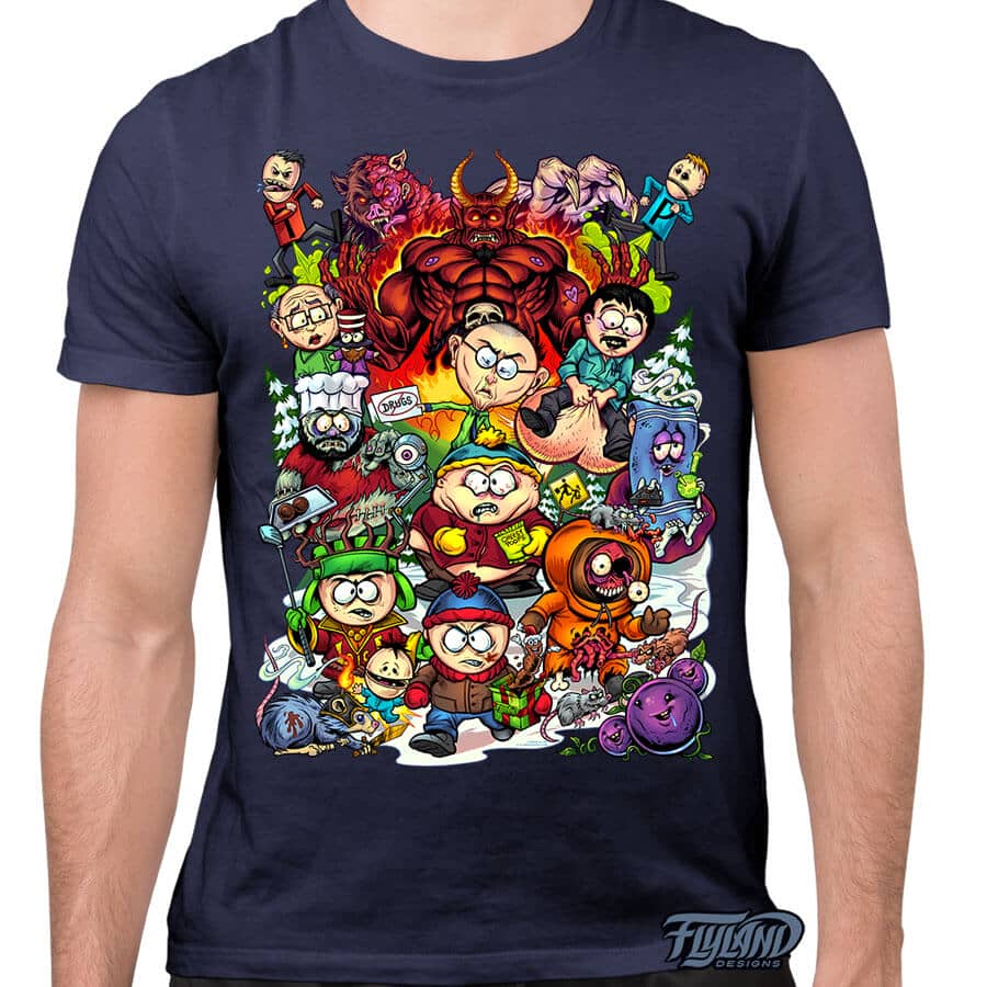 Drawing of the South Park characters in a darker style drawn by Brian Allen including Stan, Cartman, Kenny, Kyle, Chef, Satan, Terrance and Phillip, Randy, Mr. Garrison, Mr. Mackey, and more