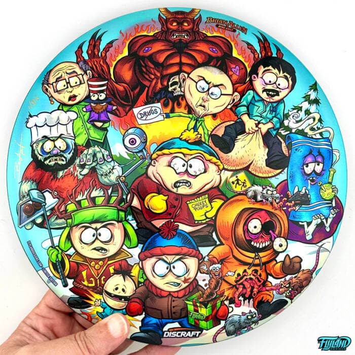 Drawing of the South Park characters in a darker style drawn by Brian Allen including Stan, Cartman, Kenny, Kyle, Chef, Satan, Terrance and Phillip, Randy, Mr. Garrison, Mr. Mackey, and more printed on a SuperColor Discraft Buzzz