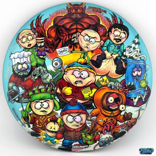 Drawing of the South Park characters in a darker style drawn by Brian Allen including Stan, Cartman, Kenny, Kyle, Chef, Satan, Terrance and Phillip, Randy, Mr. Garrison, Mr. Mackey, and more printed on a SuperColor Discraft Buzzz