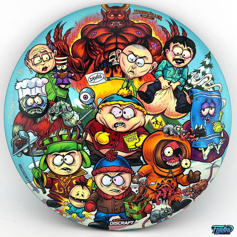 Drawing of the South Park characters in a darker style drawn by Brian Allen including Stan, Cartman, Kenny, Kyle, Chef, Satan, Terrance and Phillip, Randy, Mr. Garrison, Mr. Mackey, and more printed on a SuperColor Discraft Buzzz