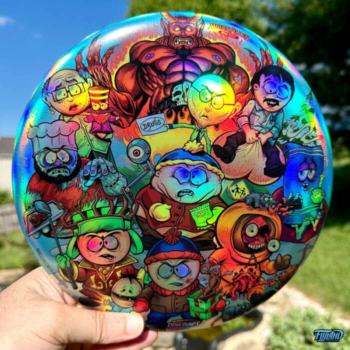 Drawing of the South Park characters in a darker style drawn by Brian Allen including Stan, Cartman, Kenny, Kyle, Chef, Satan, Terrance and Phillip, Randy, Mr. Garrison, Mr. Mackey, and more printed on a SuperColor Discraft Buzzz