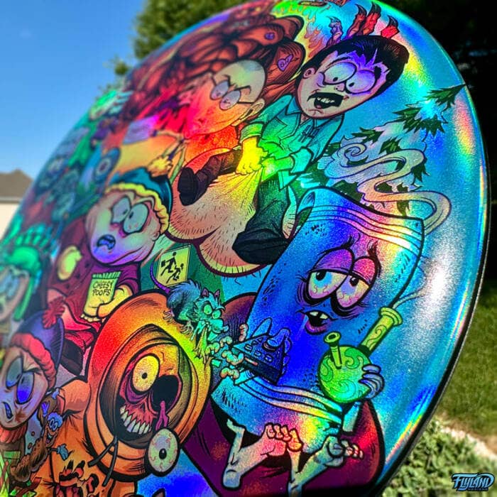 Drawing of the South Park characters in a darker style drawn by Brian Allen including Stan, Cartman, Kenny, Kyle, Chef, Satan, Terrance and Phillip, Randy, Mr. Garrison, Mr. Mackey, and more printed on a SuperColor Discraft Buzzz