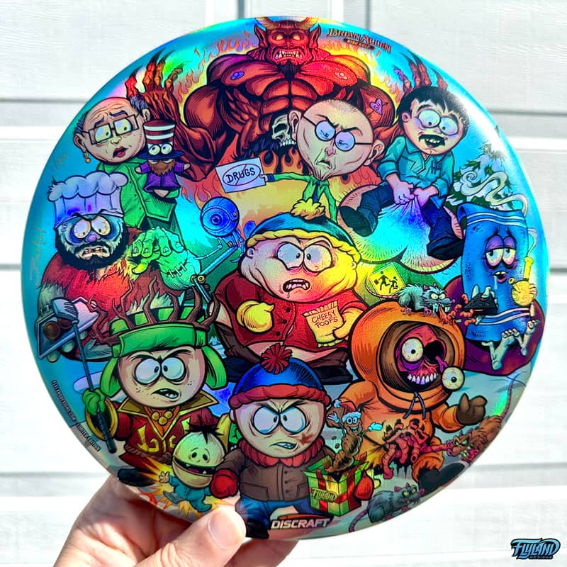 Drawing of the South Park characters in a darker style drawn by Brian Allen including Stan, Cartman, Kenny, Kyle, Chef, Satan, Terrance and Phillip, Randy, Mr. Garrison, Mr. Mackey, and more printed on a SuperColor Discraft Buzzz