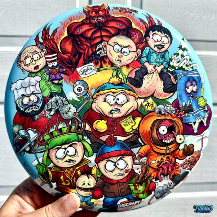 Drawing of the South Park characters in a darker style drawn by Brian Allen including Stan, Cartman, Kenny, Kyle, Chef, Satan, Terrance and Phillip, Randy, Mr. Garrison, Mr. Mackey, and more printed on a SuperColor Buzzz Disc Tribute