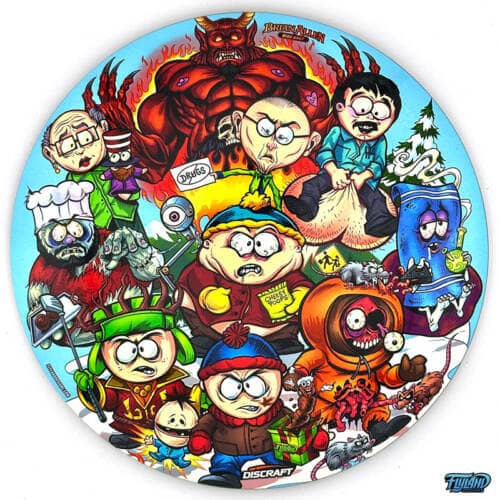 Drawing of the South Park characters in a darker style drawn by Brian Allen including Stan, Cartman, Kenny, Kyle, Chef, Satan, Terrance and Phillip, Randy, Mr. Garrison, Mr. Mackey, and more printed on a SuperColor Buzzz Disc Tribute