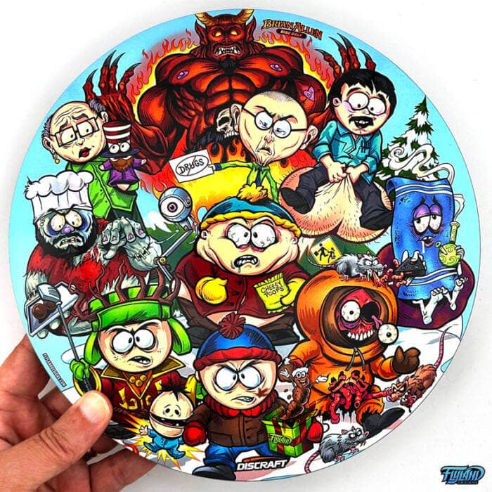 Drawing of the South Park characters in a darker style drawn by Brian Allen including Stan, Cartman, Kenny, Kyle, Chef, Satan, Terrance and Phillip, Randy, Mr. Garrison, Mr. Mackey, and more printed on a SuperColor Buzzz Disc Tribute