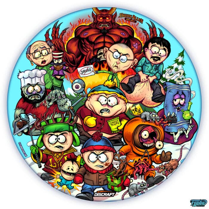 Drawing of the South Park characters in a darker style drawn by Brian Allen including Stan, Cartman, Kenny, Kyle, Chef, Satan, Terrance and Phillip, Randy, Mr. Garrison, Mr. Mackey, and more printed on a SuperColor Buzzz Disc Tribute