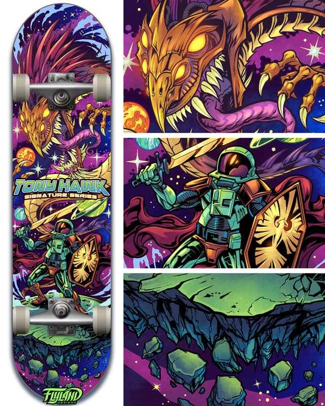 Space Knight skateboard design for Tony Hawk featuring an evil space dragon on a skateboard deck