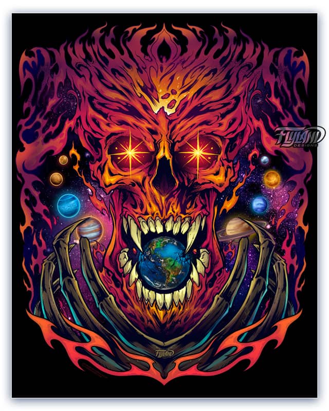 A full color illustration of a cosmic space skull with plantes and stars.