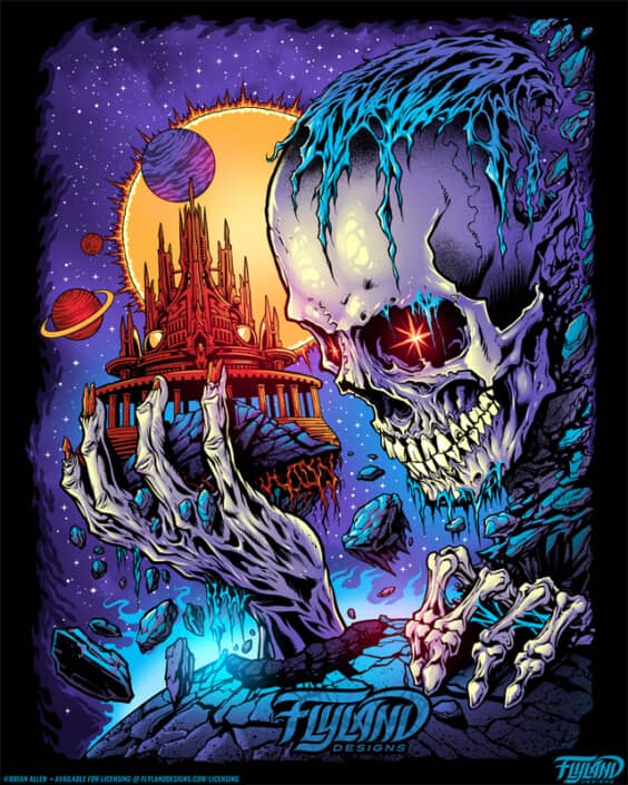 A purple skeleton holds a copper temple. He is surrounded by planets. Illustration by Brian Allen