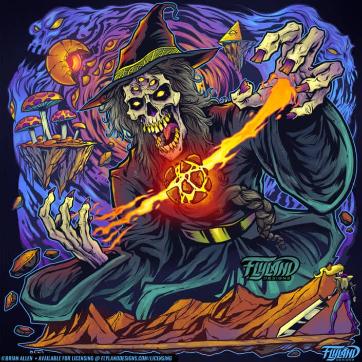 A psychedelic skeleton wizard with five eys destroyes a planet. A female warrior prepares to fight him. Illustration by Brian Allen