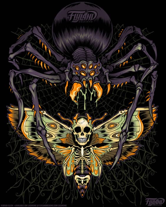 A large purple spider dripping venom prepares to eat a moth with a skull head. Illustration by Brian Allen.