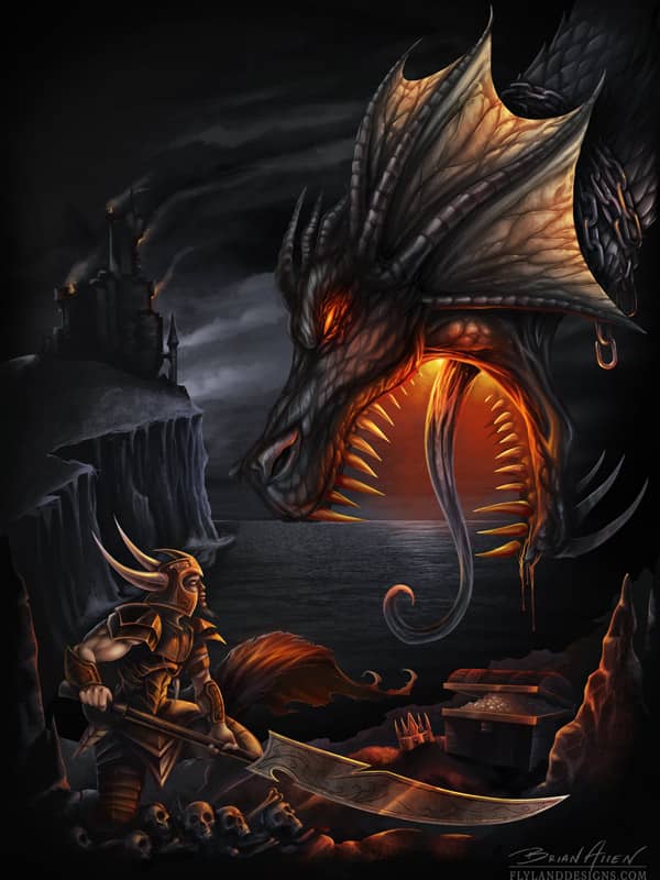 Fantasy digital painting of a dragon and a knight