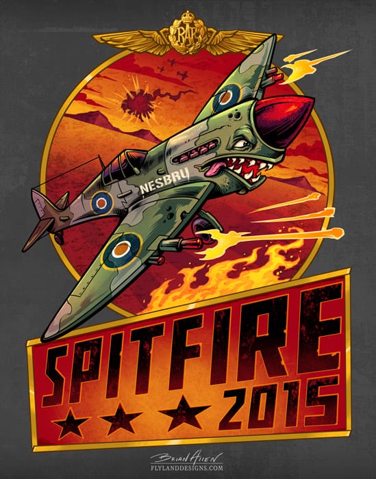 Russebuss logo of a military Spitfire plane in a dogfight with shark’s mouth