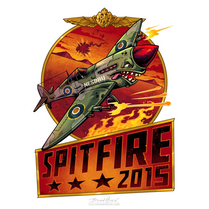 Russebuss logo of a military Spitfire plane in a dogfight with shark’s mouth